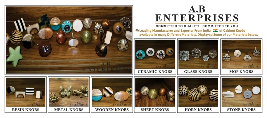 Collection of ceramic, glass, wooden, and metal knobs manufactured by A.B. Enterprises